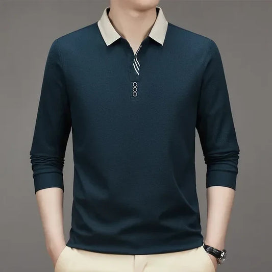 John Karlo Long-Sleeve Minimalist Polo Shirt with Sophisticated Collar (Get a Free Deyros Luxury Quartz Watch)