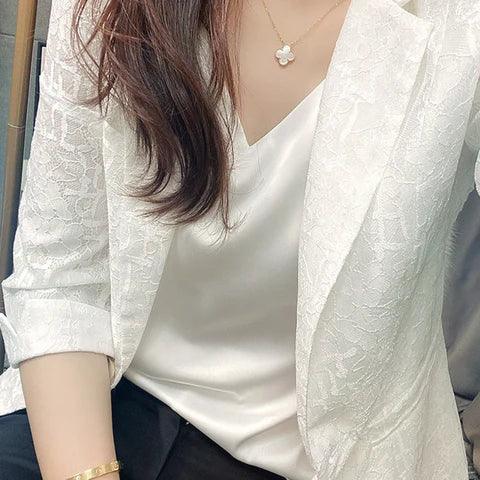 Azaleia Lace Blazer - Floral Lace Details and Special Brooch, Elegance for the Brightest Days - Home To Choices