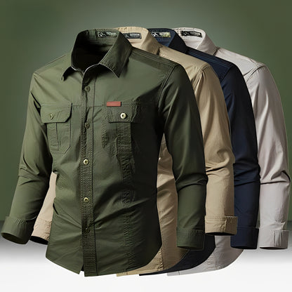 Military Style Long Sleeve Shirt With Pockets, Buttons and Unique Original Design (Win a Waterproof Watch as a Gift)