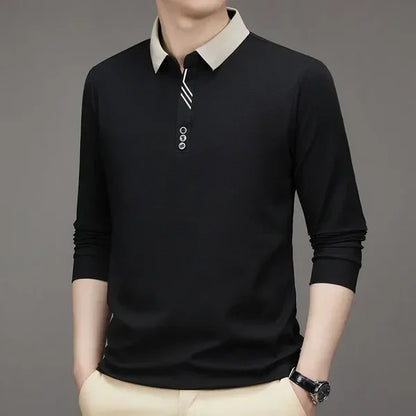 John Karlo Long-Sleeve Minimalist Polo Shirt with Sophisticated Collar (Get a Free Deyros Luxury Quartz Watch)