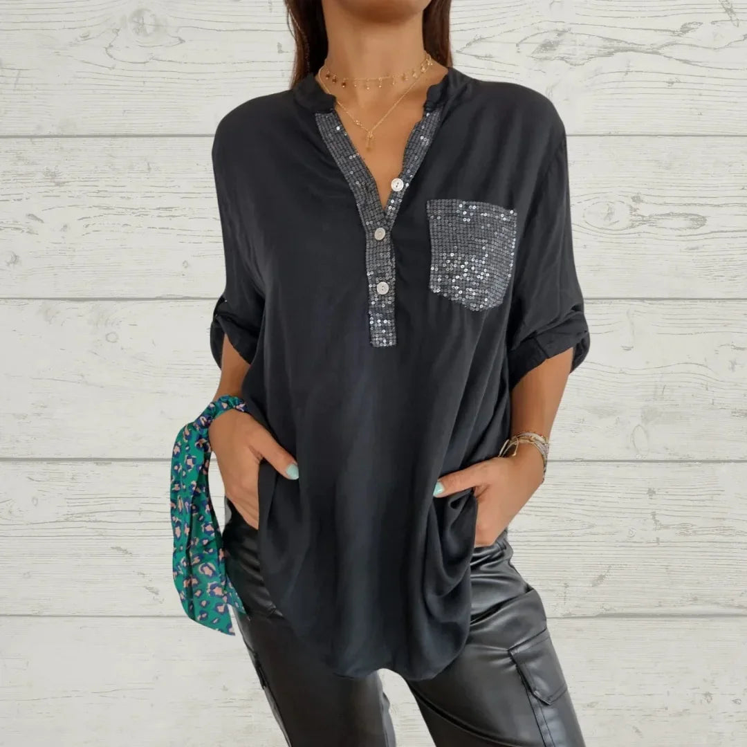 Cotton, Sequin and V-Neck Casual Shirt (Free Shipping)