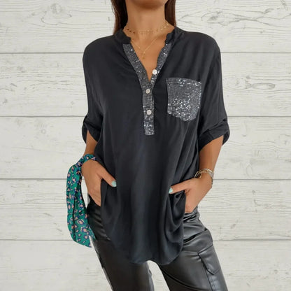 Cotton, Sequin and V-Neck Casual Shirt (Free Shipping)