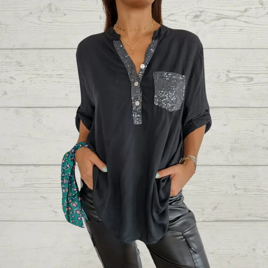 Cotton, Sequin and V-Neck Casual Shirt (Free Shipping)
