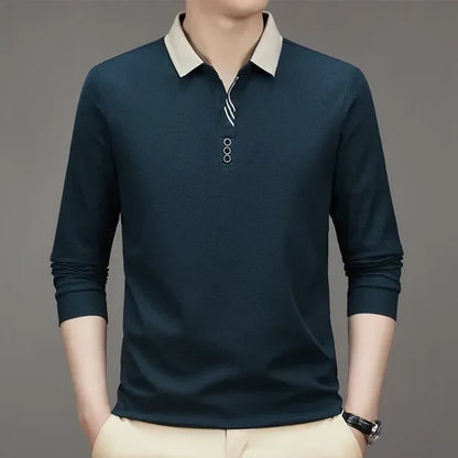 John Karlo Long-Sleeve Minimalist Polo Shirt with Sophisticated Collar (Get a Free Deyros Luxury Quartz Watch)