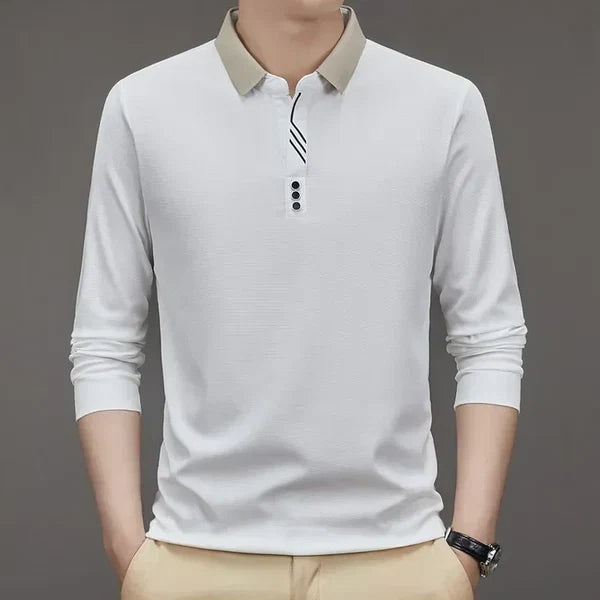 John Karlo Long-Sleeve Minimalist Polo Shirt with Sophisticated Collar (Get a Free Deyros Luxury Quartz Watch)