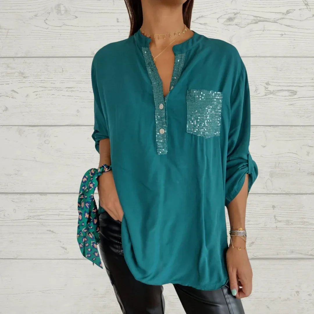 Cotton, Sequin and V-Neck Casual Shirt (Free Shipping)