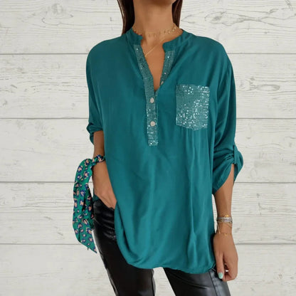 Cotton, Sequin and V-Neck Casual Shirt (Free Shipping)