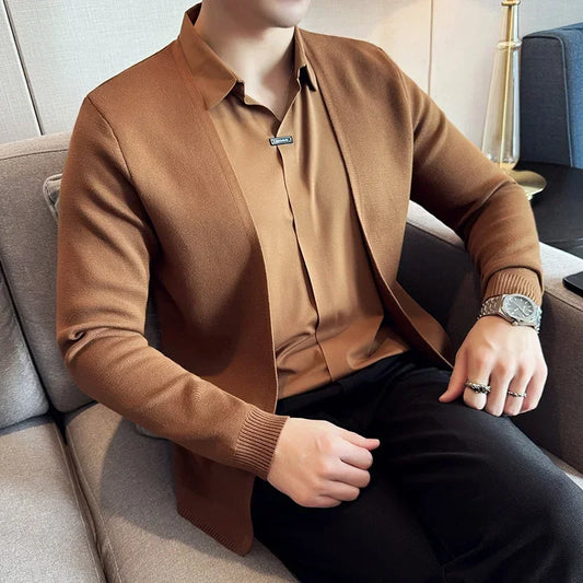 Long Sleeve Layered Shirt – Cardigan-Style Layered Design (Free Waterproof Curren Watch Included)