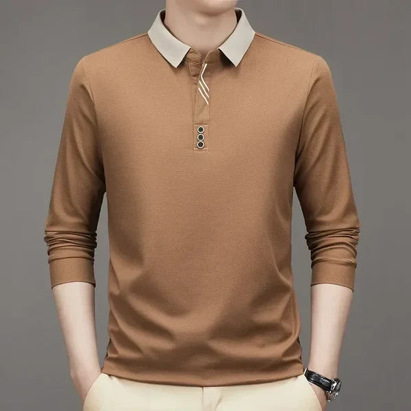 John Karlo Long-Sleeve Minimalist Polo Shirt with Sophisticated Collar (Get a Free Deyros Luxury Quartz Watch)