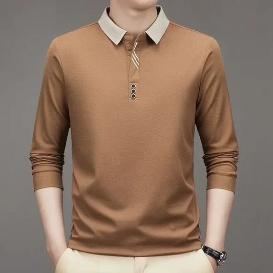 John Karlo Long-Sleeve Minimalist Polo Shirt with Sophisticated Collar (Get a Free Deyros Luxury Quartz Watch)